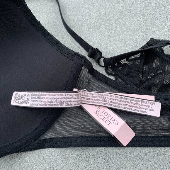 Victoria's Secret Bra 32D Black Lace Padded Push Up Underwire Racerback NWT New - Picture 16 of 16
